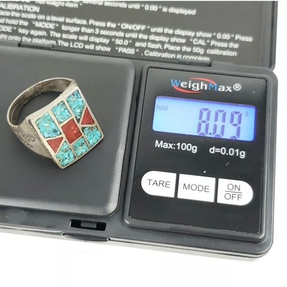 ZUNI STERLING SILVER Coral Inlay RING - Turquoise size 9 - Picture 4 of 4